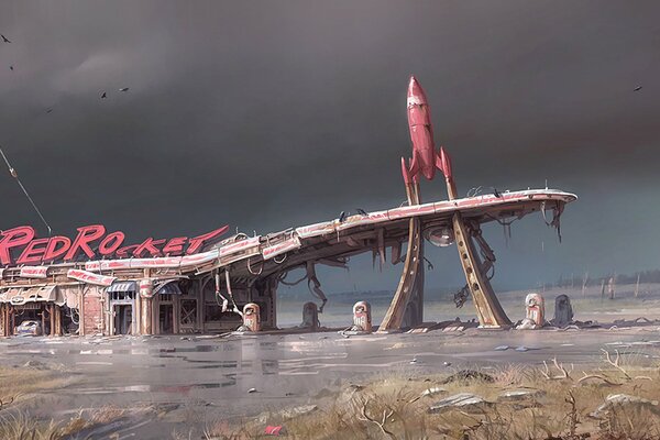 Dessin d une station-service dans le style post-Apocalypse