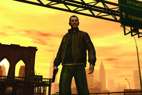 El protagonista del juego gta4 Nadie Bellich en el fondo de la ciudad de Liberty City