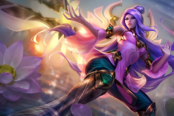 Personnage féminin du jeu League of Legends sur fond de plan d eau avec des fleurs