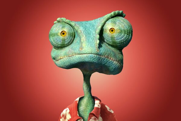 Cartoon character rango on a red background