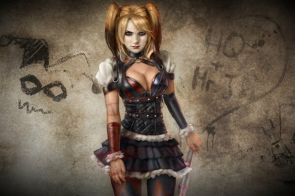 Harley Quinn vor dem Hintergrund einer Betonwand