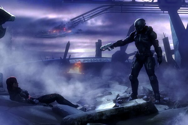 Soldado en las runas de la nave espacial mass effect