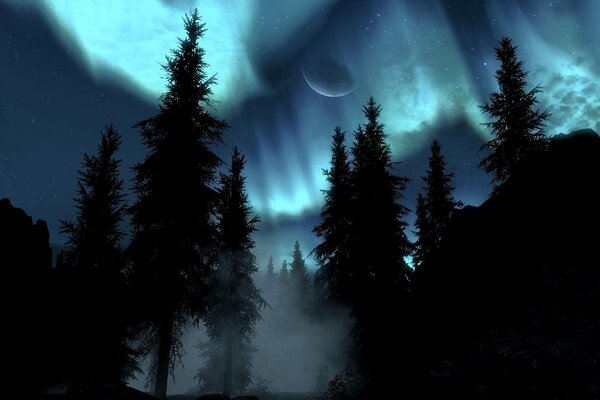 Skyrim. noche. Aurora boreal. magia