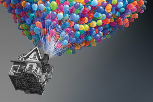 Maison voler vers le haut sur des ballons