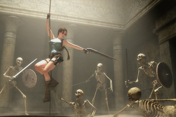 Lara Croft con escopeta contra esqueletos