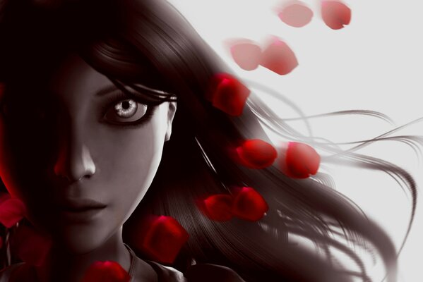 A fantasy drawing of the face of a mysterious girl near which red rose petals are flying