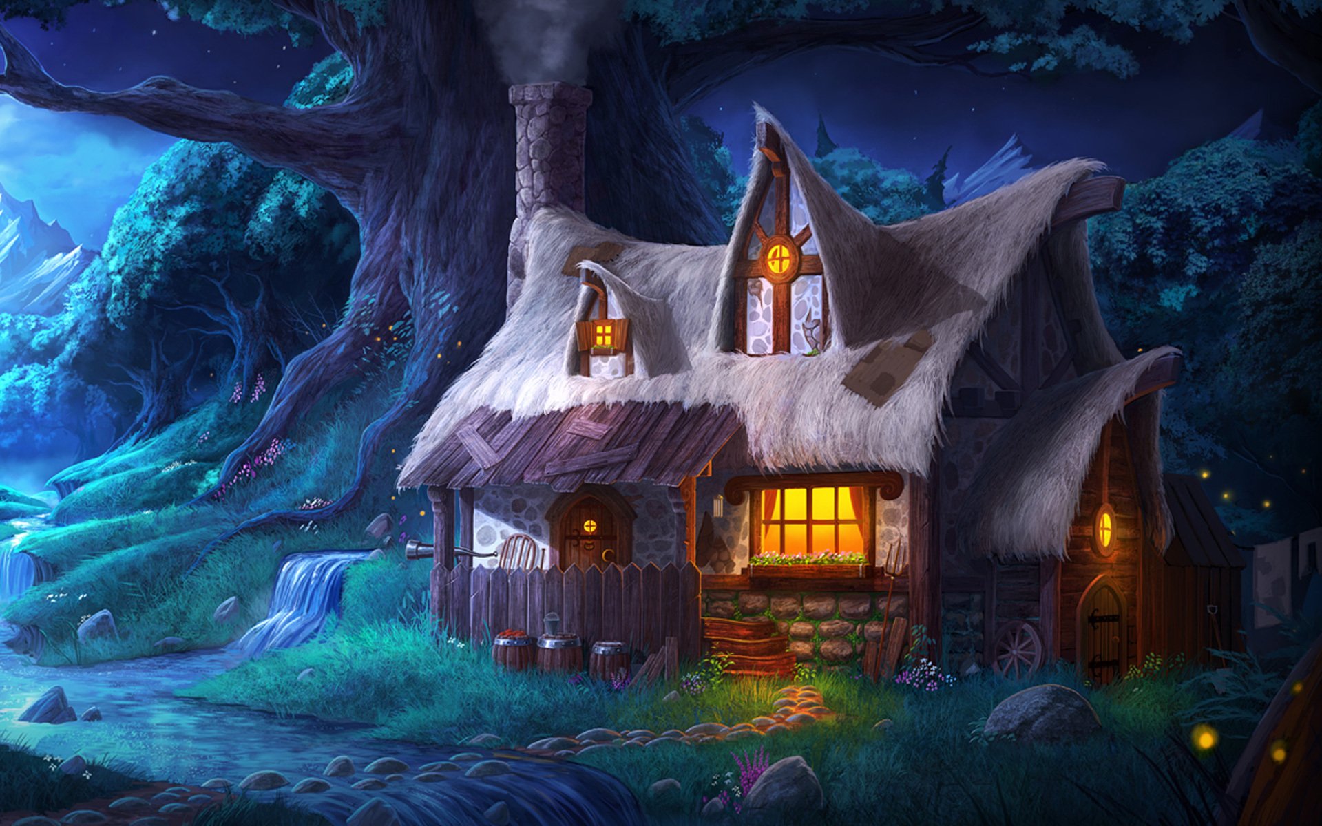 trine 2 night house house lights stream tree forest