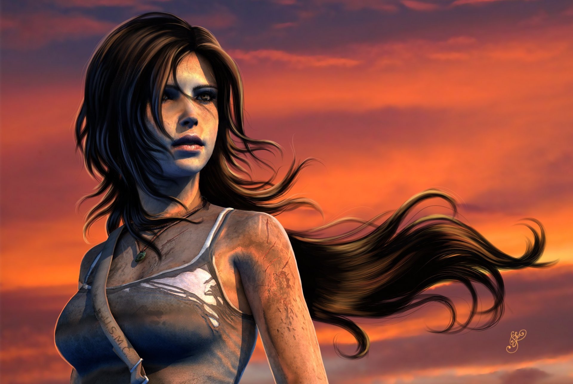 gioco arte lara croft tomb raider viso fango sguardo capelli canotta cielo tramonto