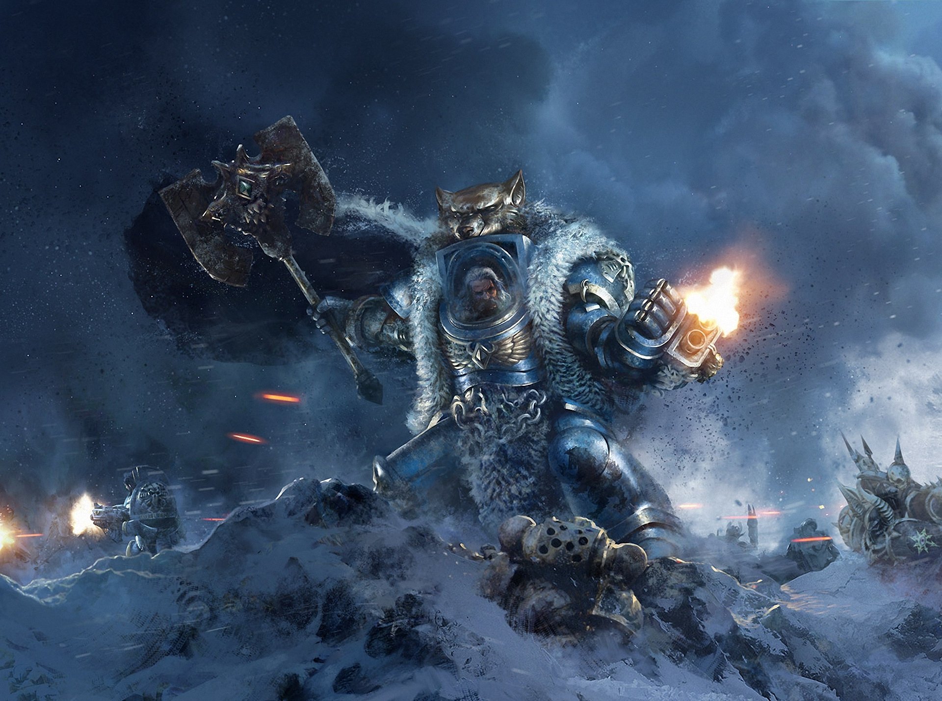 arte warhammer 40k logan grimnar armadura cabeza lobo nieve batalla disparos