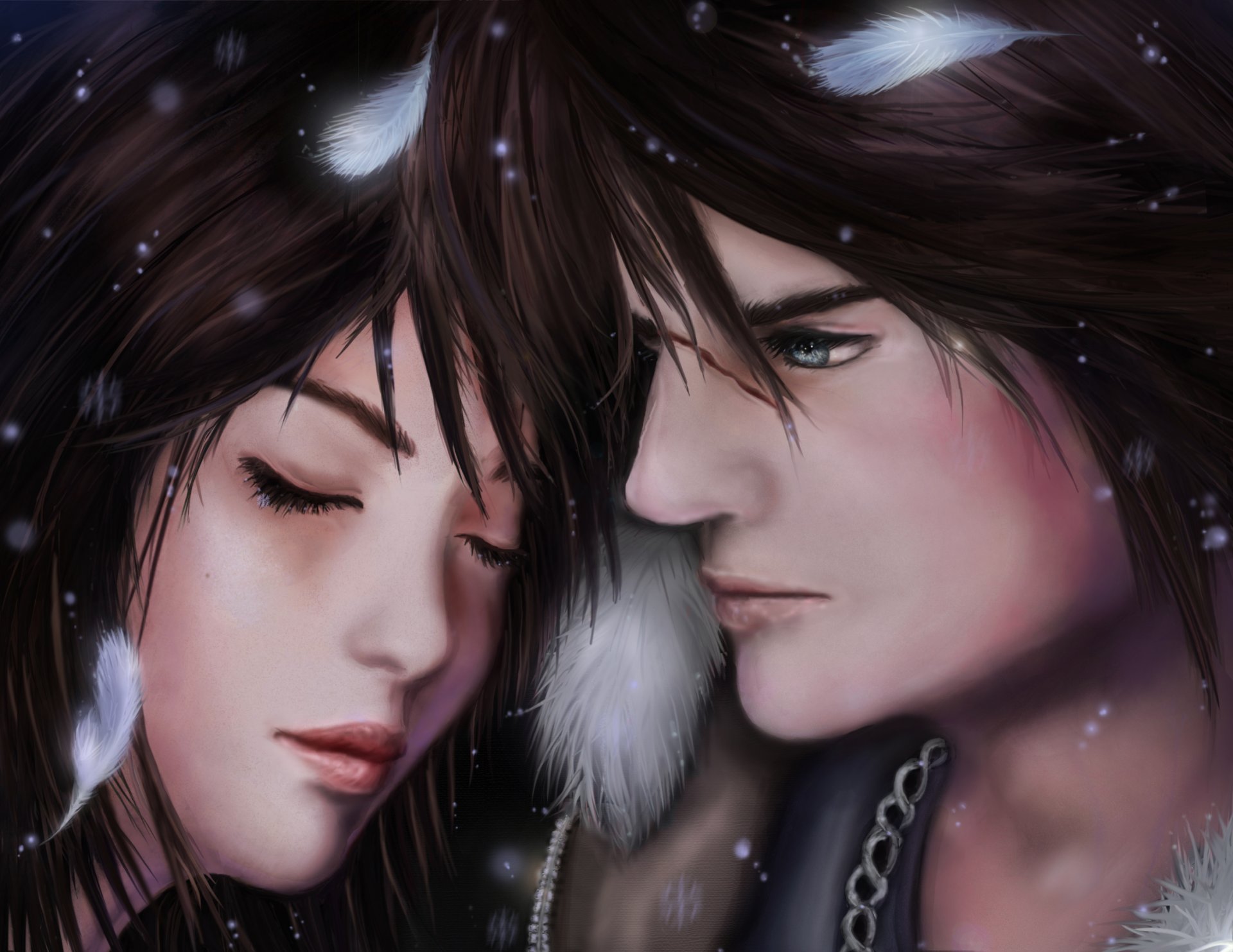 final fantasy viii barrage rinoa garçon fille visage yeux fermés plumes