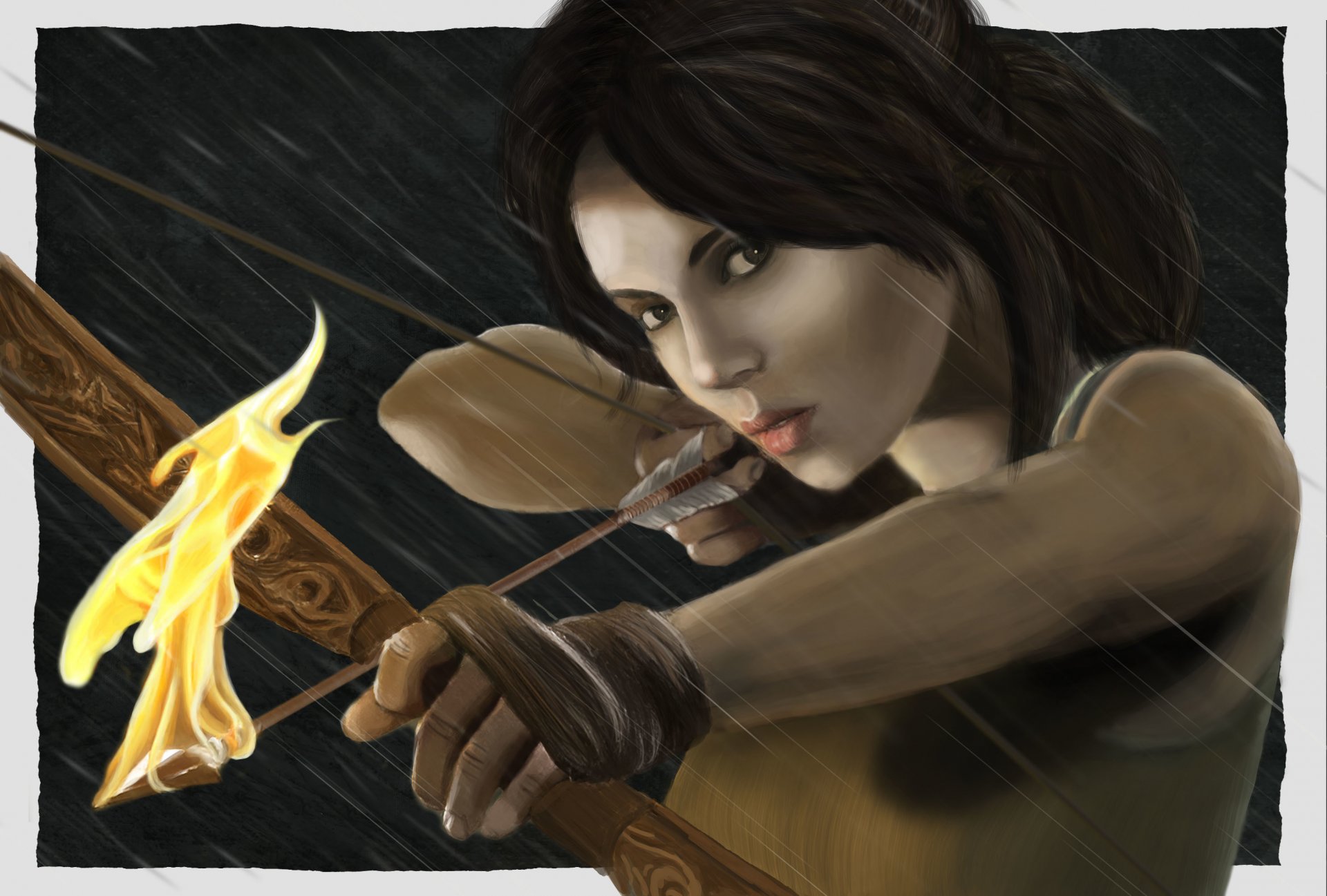 lara croft tomb raider girl art game face view hair weapon torment pattern arrow fire