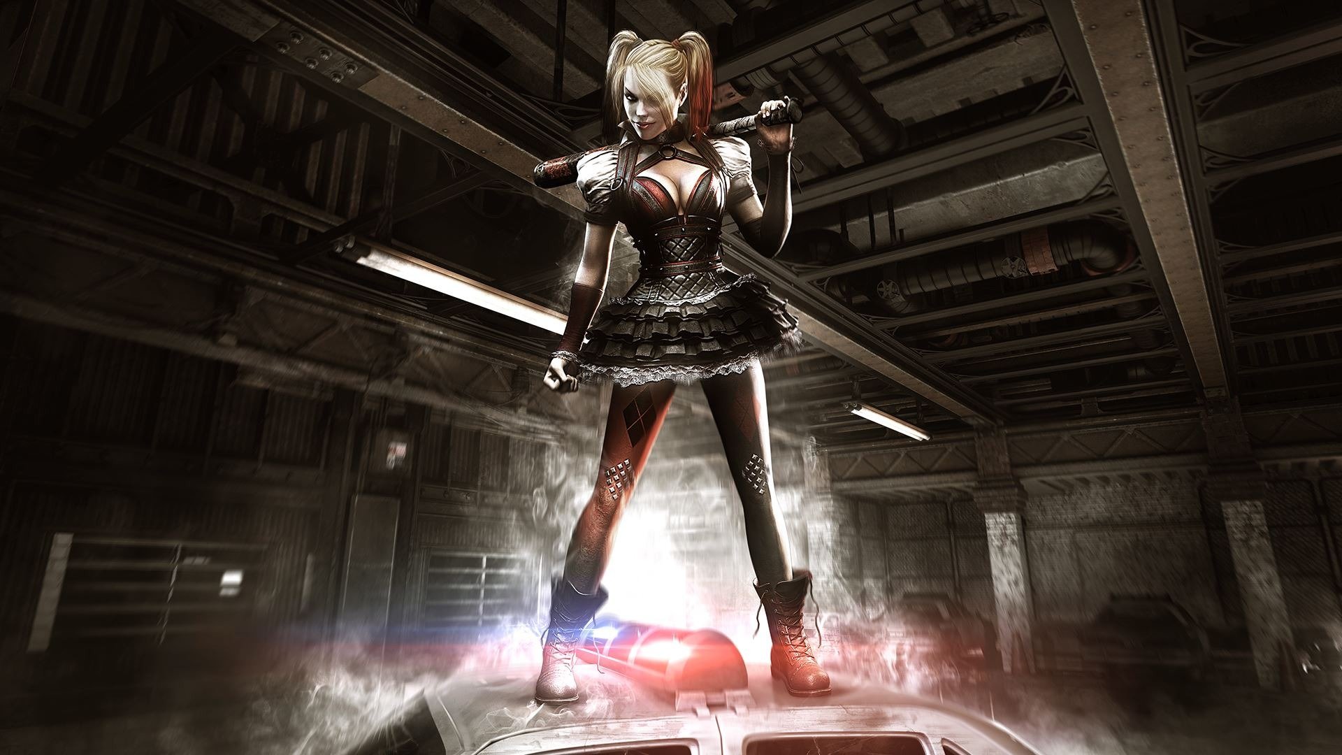 batman: arkham knight fille méchant harley quinn batte voiture maison lumières fumée clignotants bas robe sourire rocksteady studios warner bros. interactive entertainment