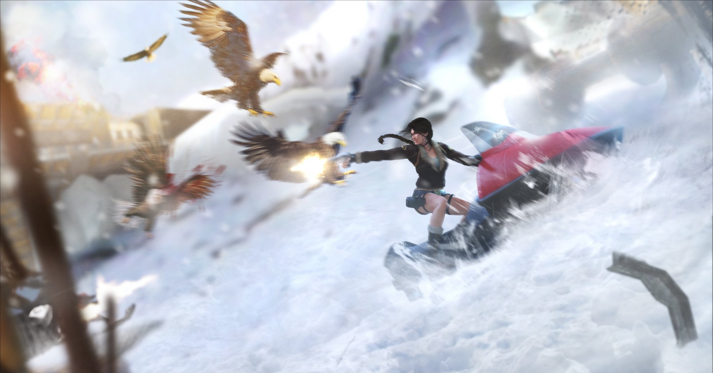 lara croft tomb raider snow tibet birds eagles girl snowmobile