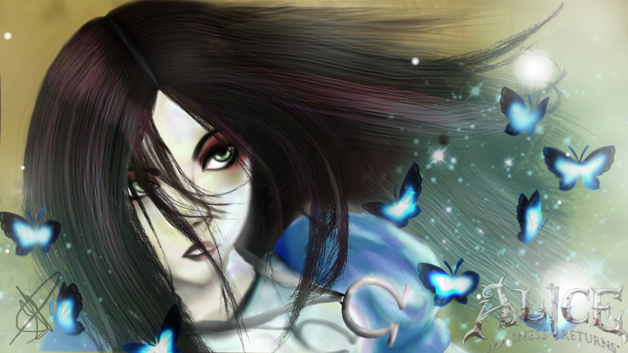 alice: madness returns game art face view green eyes hair dress blue butterfly