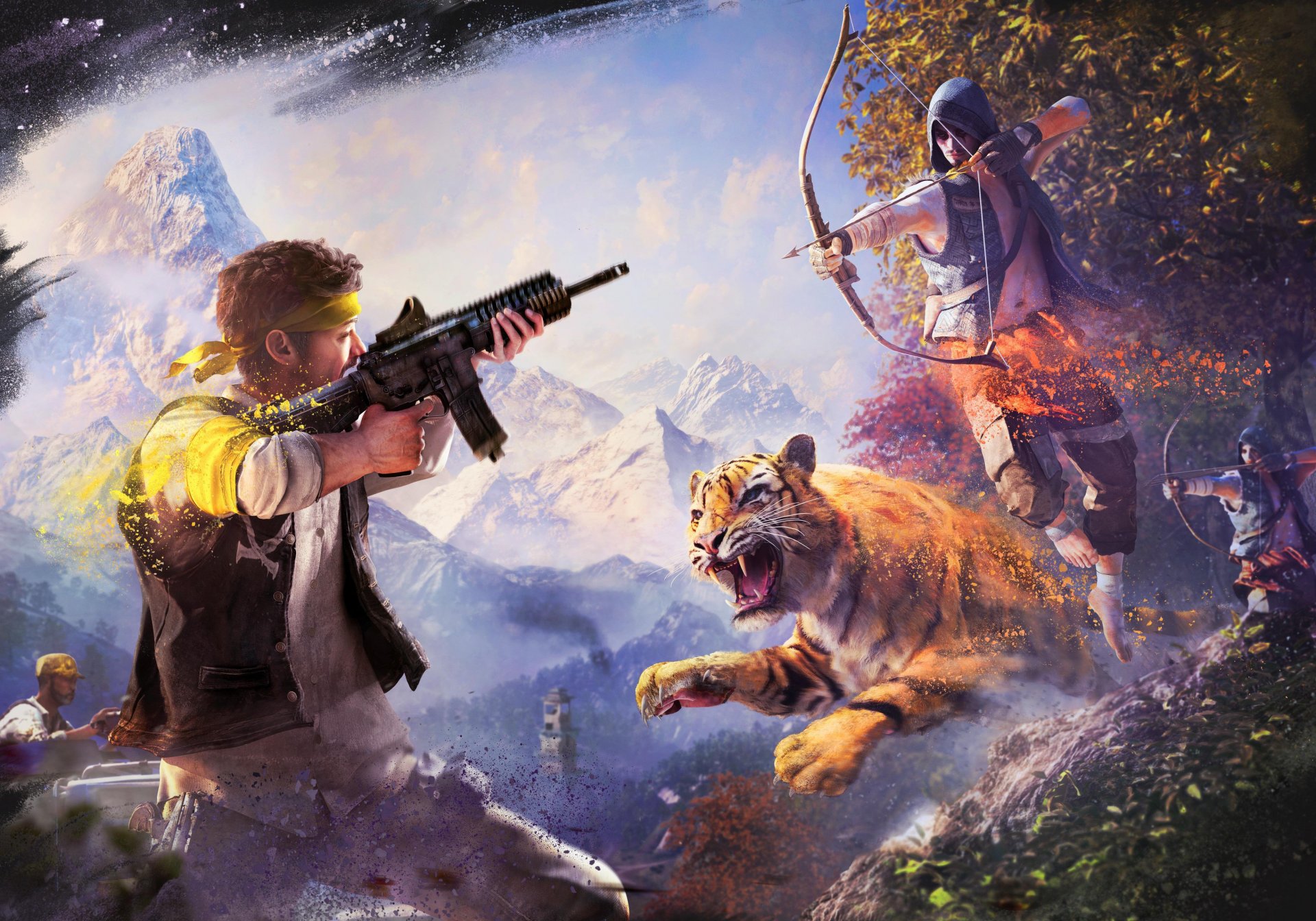 far cry 4 ubisoft armi kirat tigre cielo nuvole montagne neve freccia arco alberi vernice rakshasa percorso d oro