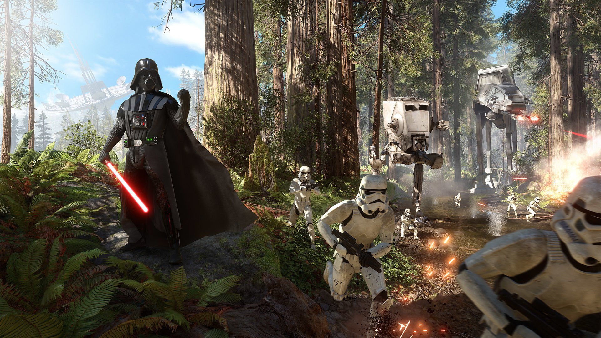 tar wars: battlefront дарт вейдер световой меч бластеры штурмовики at-at лес деревья небо бой тучи ea dice electronic art