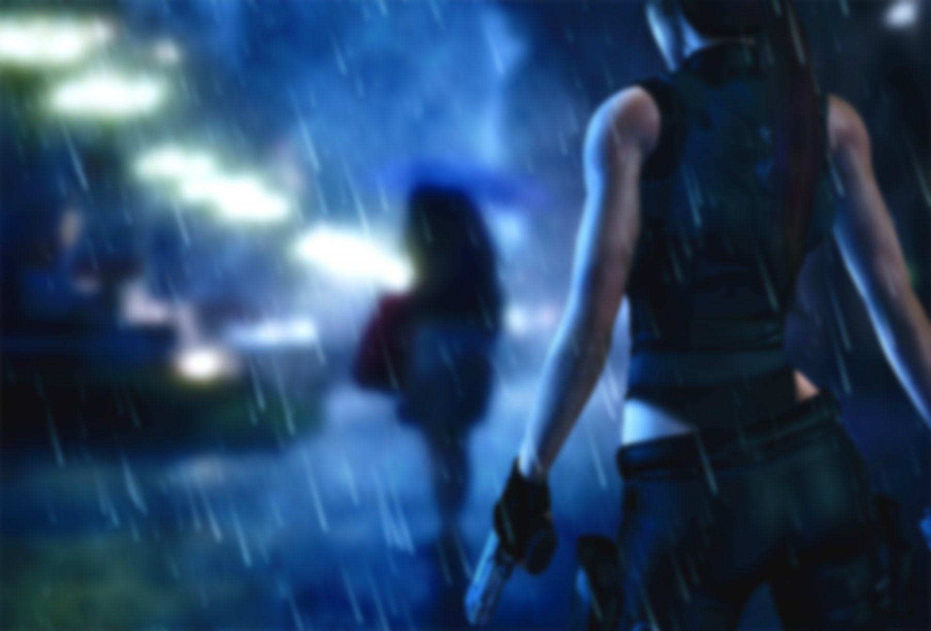 tomb raider lara croft girl spin weapon rain close up