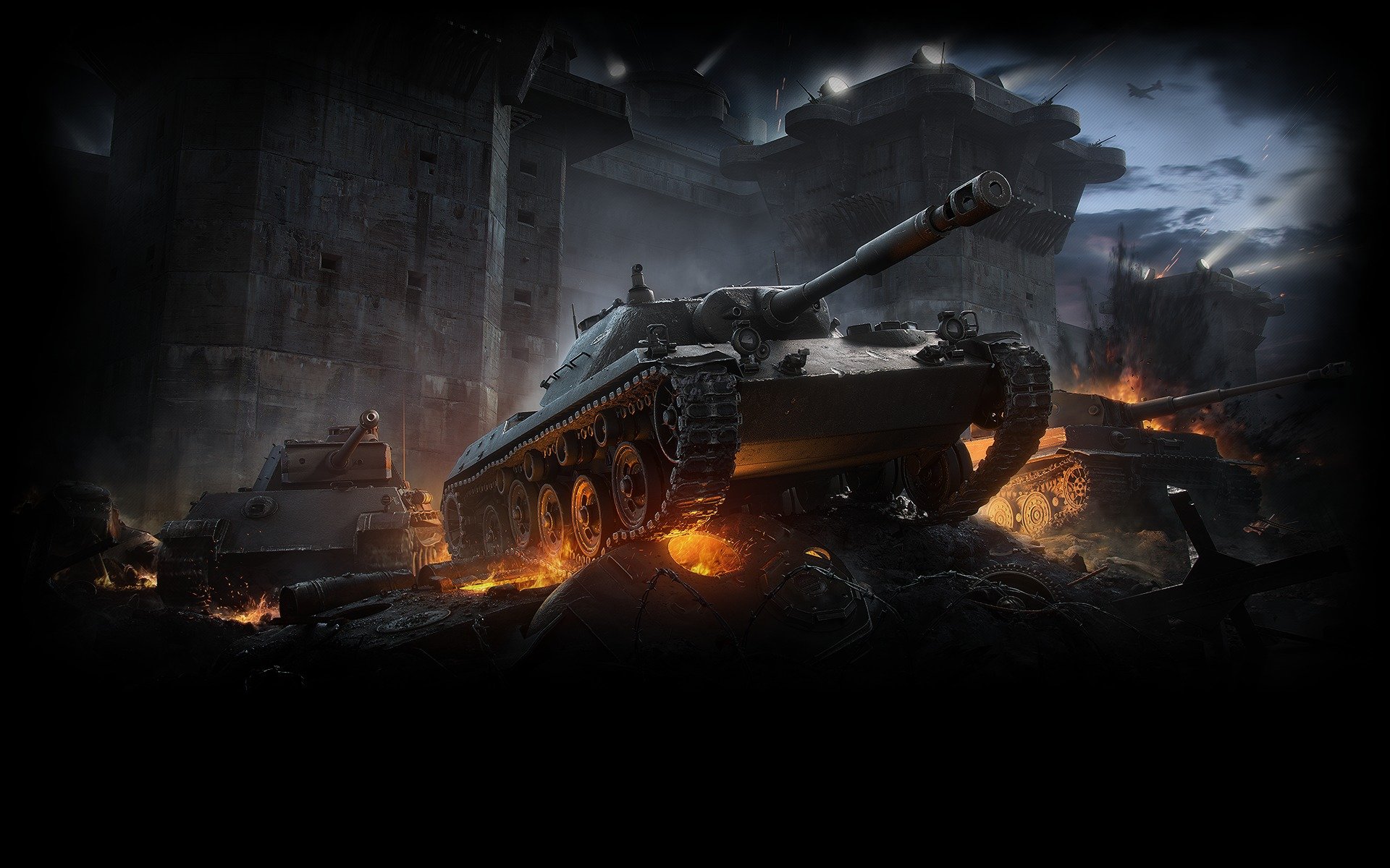 world of tanks wargaming net wot wp char léger spähpanzer ru 251 ru 251 tiger i char lourd char moyen panthère zone fortifiée fumée réservoirs construction lumière lumières explosion fer métal débris technique avion flamme feu ciel nuages tir étincelles barbelés