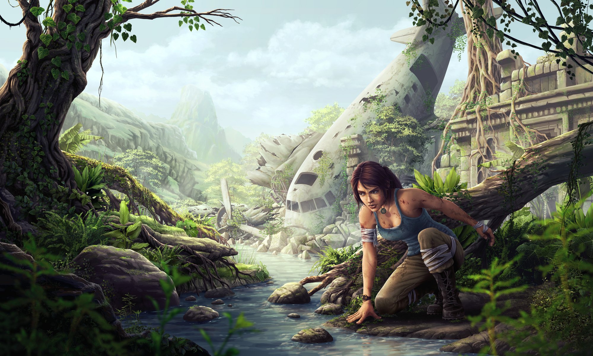 arte tomb raider lara croft chica avión ruinas esqueleto arroyo río selva