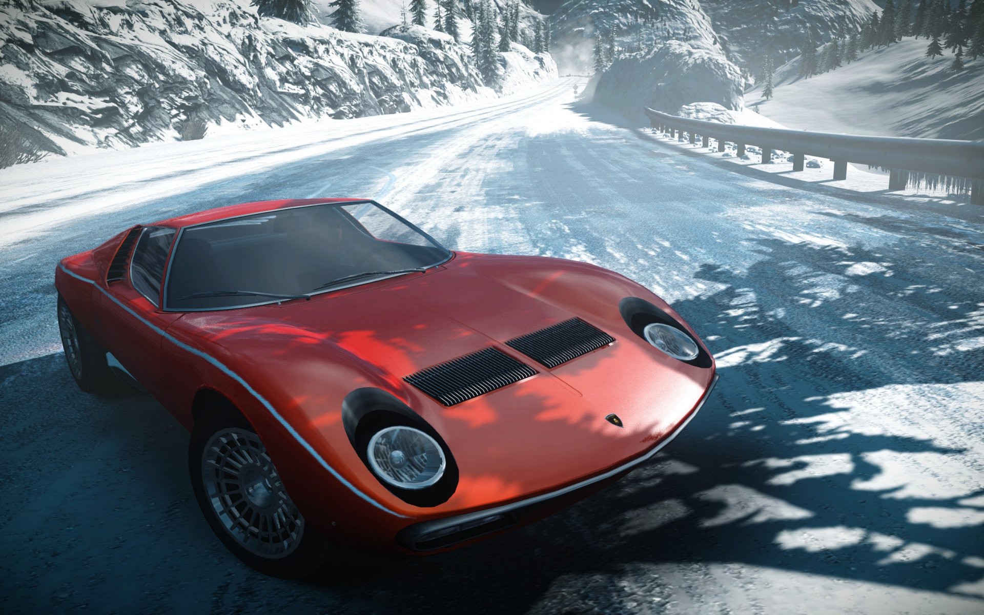 necesidad speed the run lamborghini miura sv coche deportivo clásico carrera luces nieve montañas