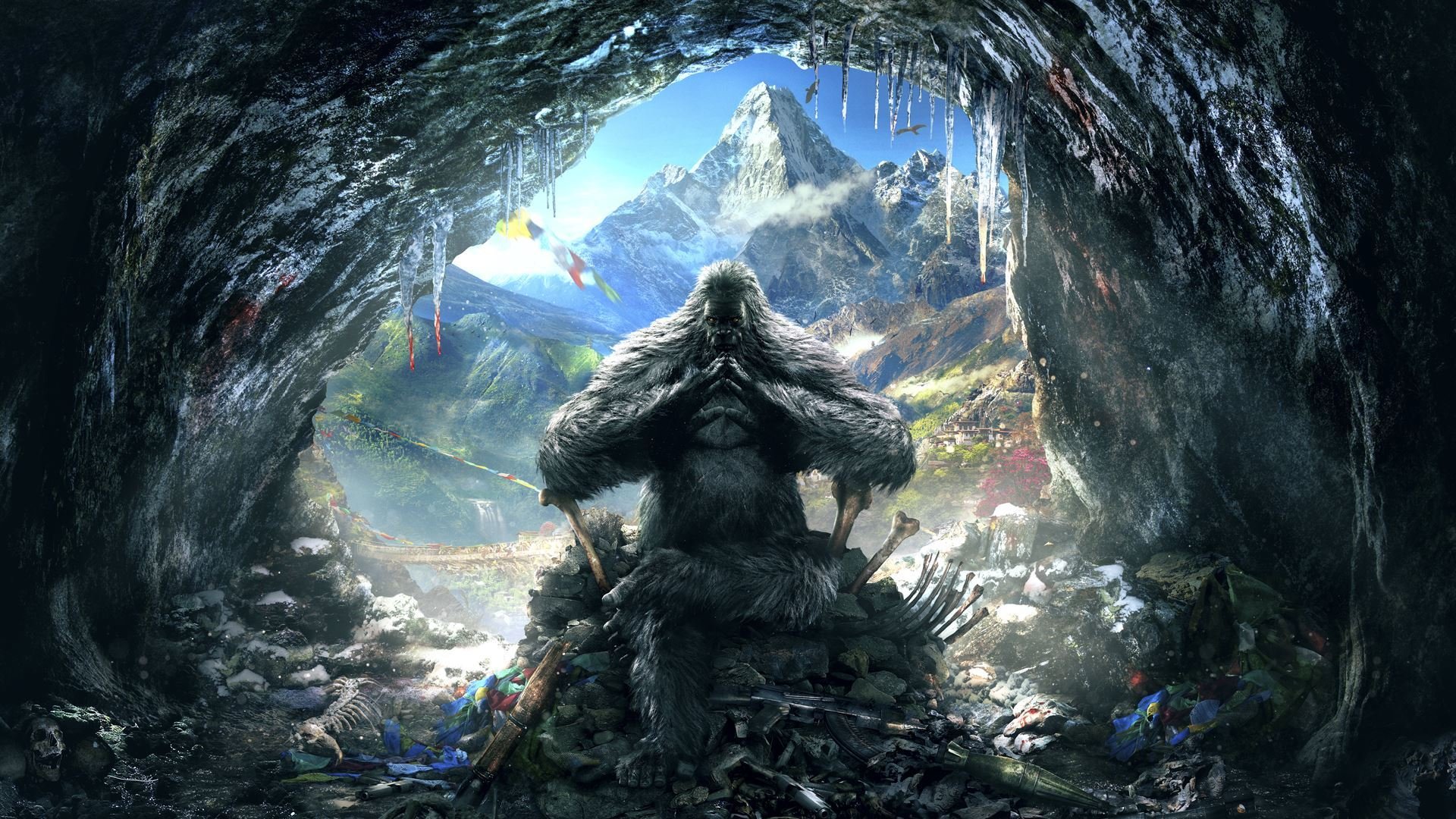 far cry 4 ubisoft wolken berge schnee blick kirat gorilla vögel schneemann fell höhle eiszapfen knochen eis waffen licht