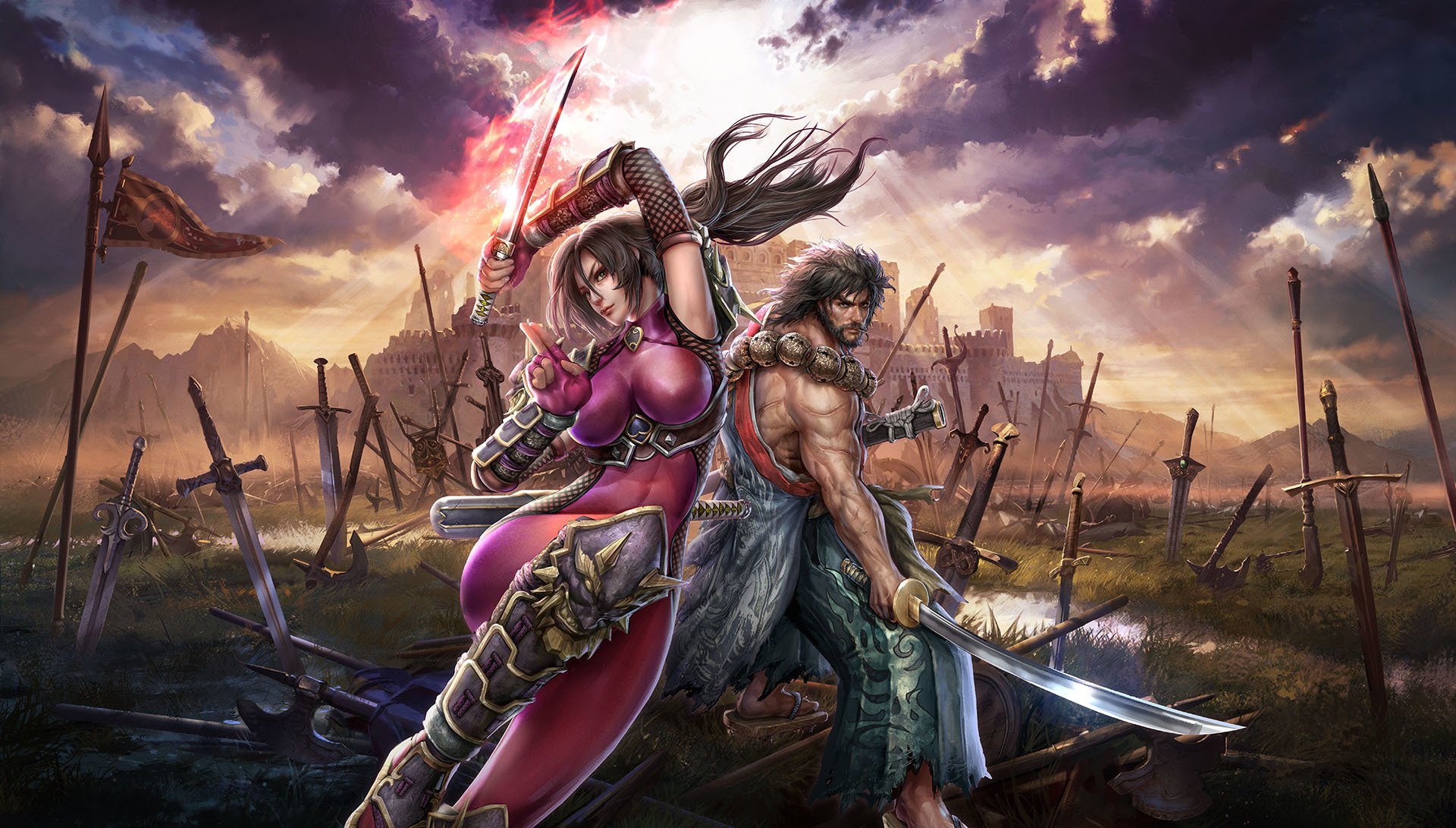 oul calibur: lost swords girl ninja taki breasts warrior samurai eysiro mitsurugi scars beard weapon blade swords spear axe katana sky clouds castle the field grass mountain rays flag ps3 namco bandai game