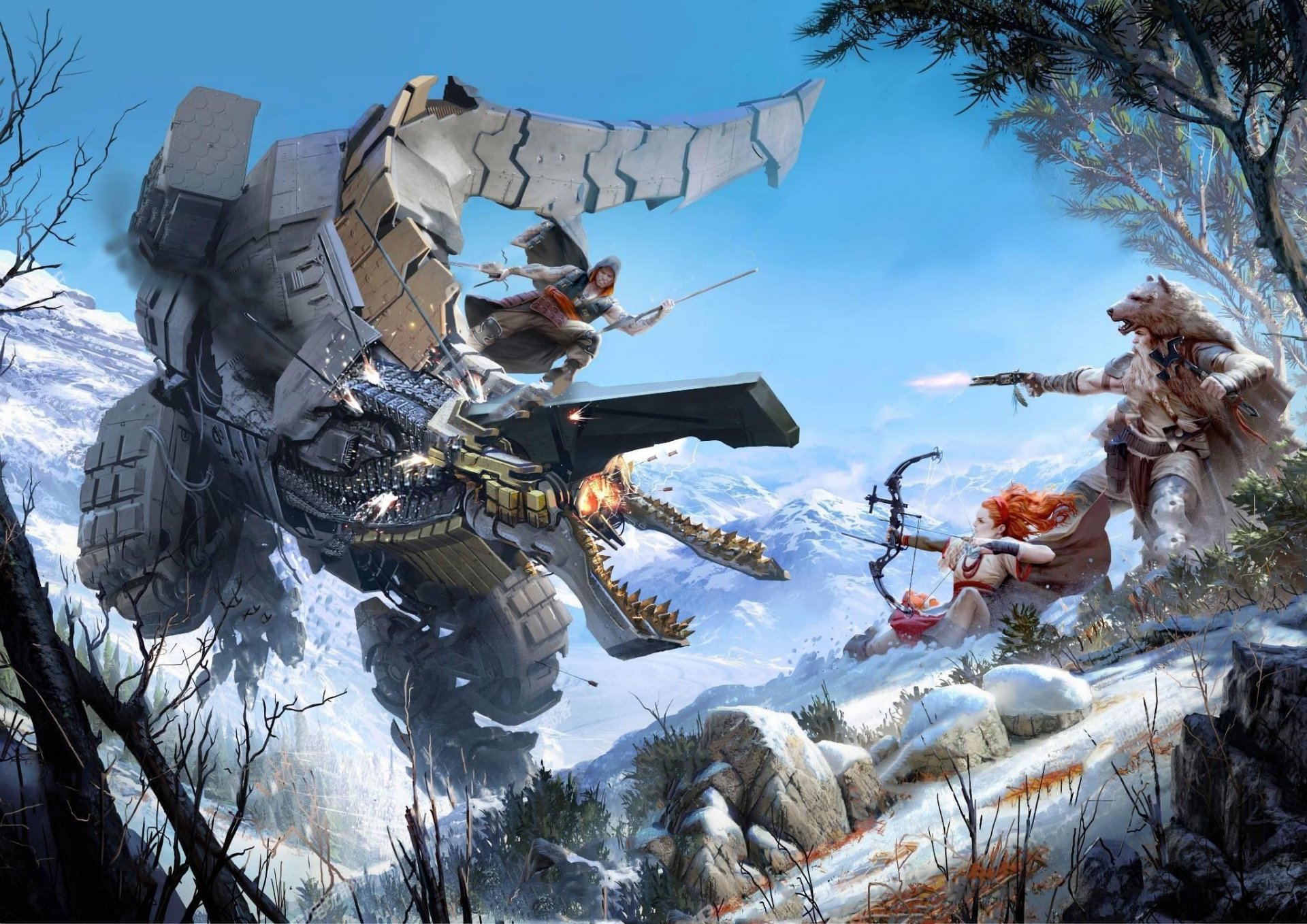 orizzonte: zero dawn sony computer entertainment guerrilla games playstation 4 robot cacciatore arco ragazza alberi montagne neve vista pelliccia armi cielo caccia fuoco