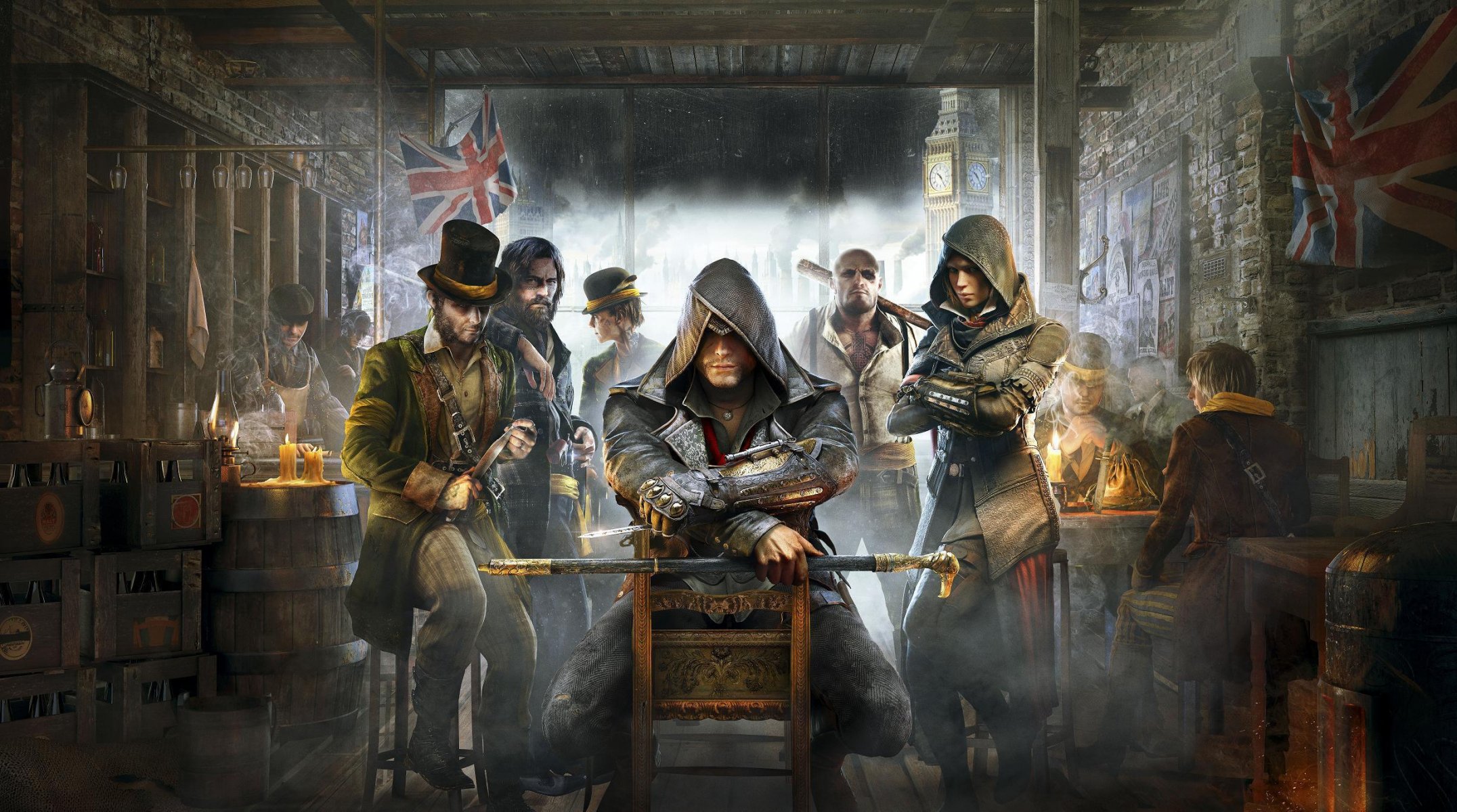 assassin s creed: syndicate assassins killer sword cane hood big ben tavern gang knife hat flag barrels girl sister chair smoke candle baton beard view ubisoft quebec