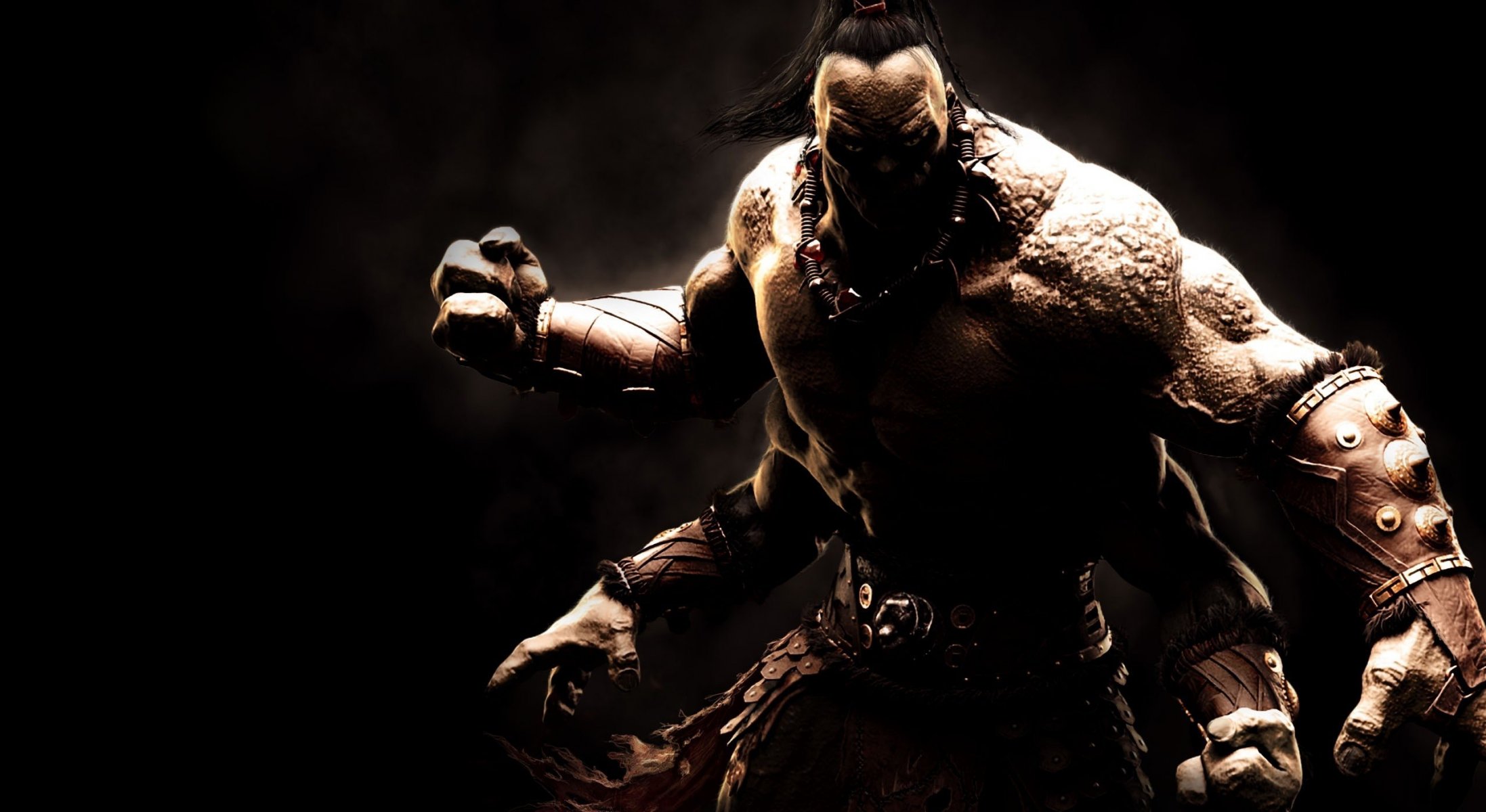 mortal kombat x goro mkx mk prince des enfers quatre mains musclé cheveux longs coquin mauvais loup chien ceinture combattant trois doigts col peau peau d animal obscurité représentant des ténèbres jeu