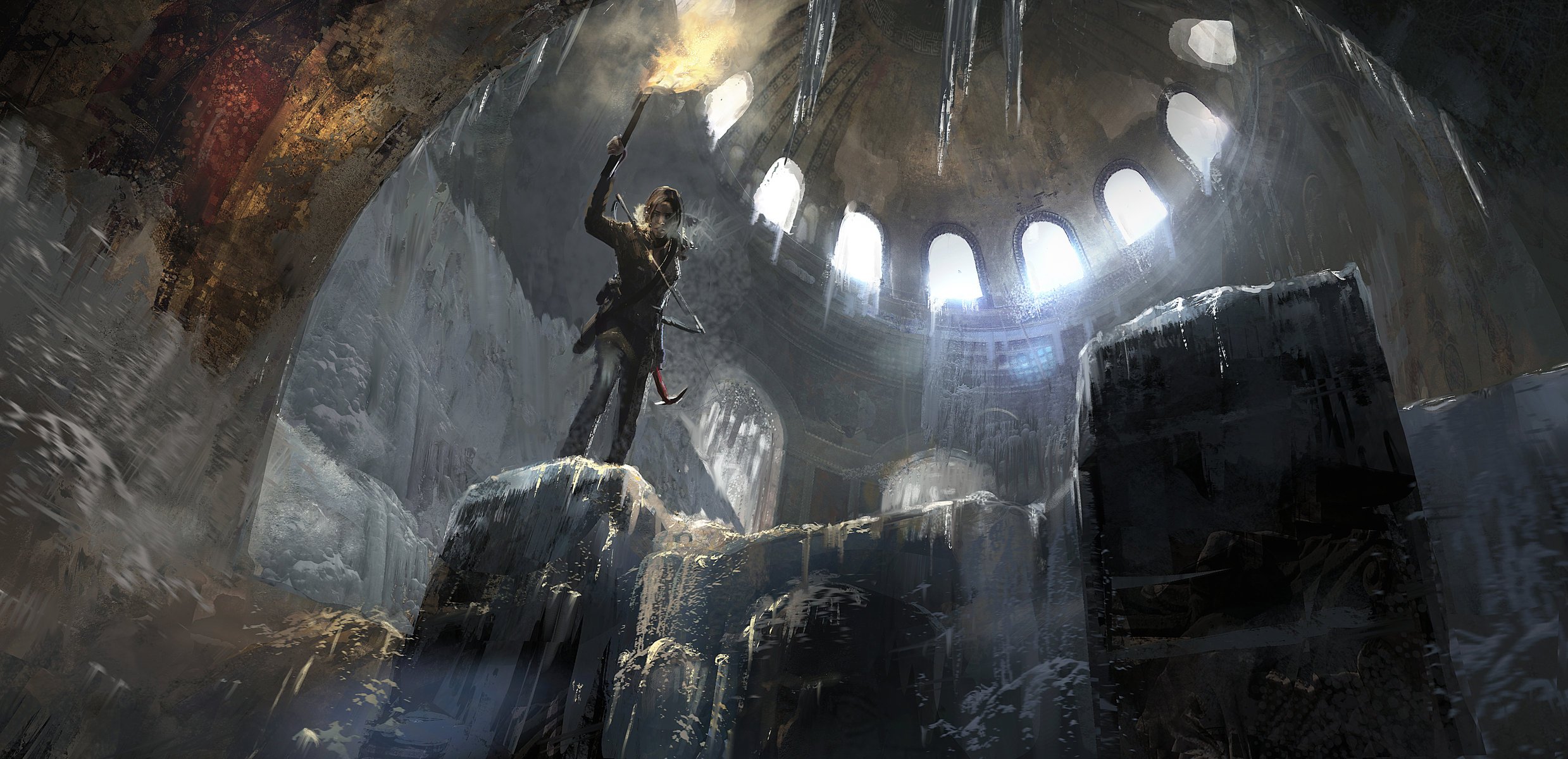 elevazione : tomb raider lara croft arte ghiaccio tomba luce piccone fiamma fuoco neve arco