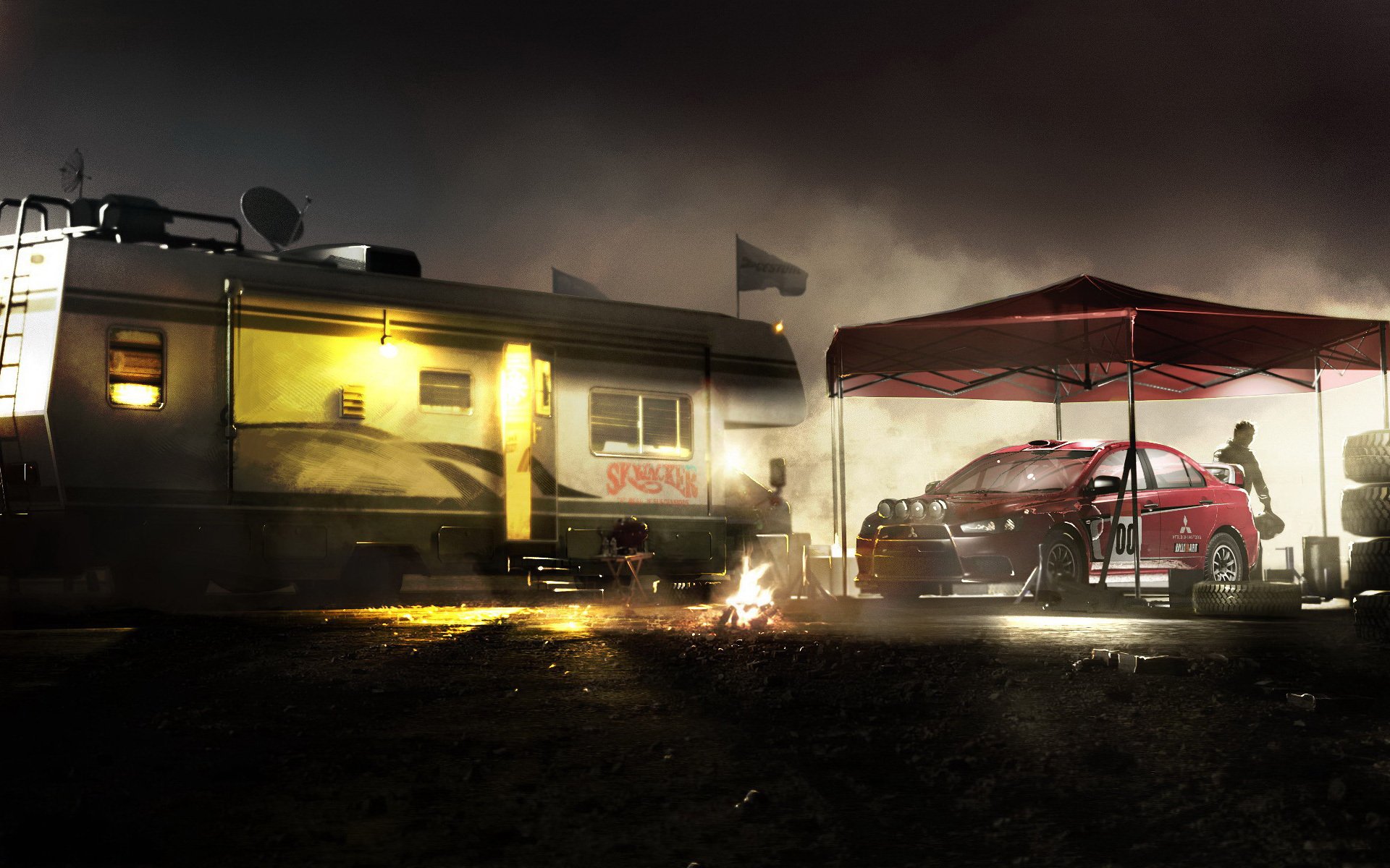 colin mcrae: dirt 2 night trailer man machine shed tyres light