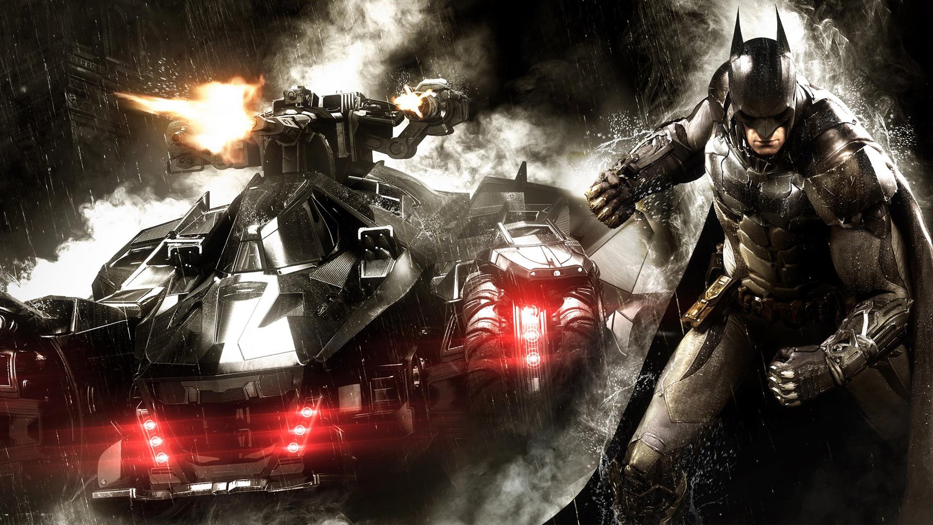 batman: arkham knight batman: arkham knight bruce wayne verteidiger kämpfer rüstung ausrüstung batmobil rauch kanonen mantel regen rocksteady studios warner bros. interactive entertainment