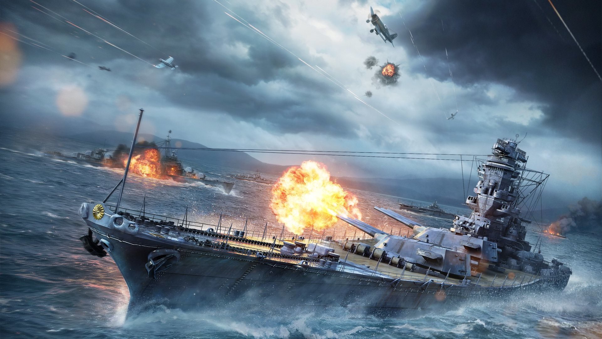 navires de guerre du monde wargaming net frappe navires du monde wp tir flamme feu fumée eau navires navire vagues ciel nuages baril fer étincelles avions