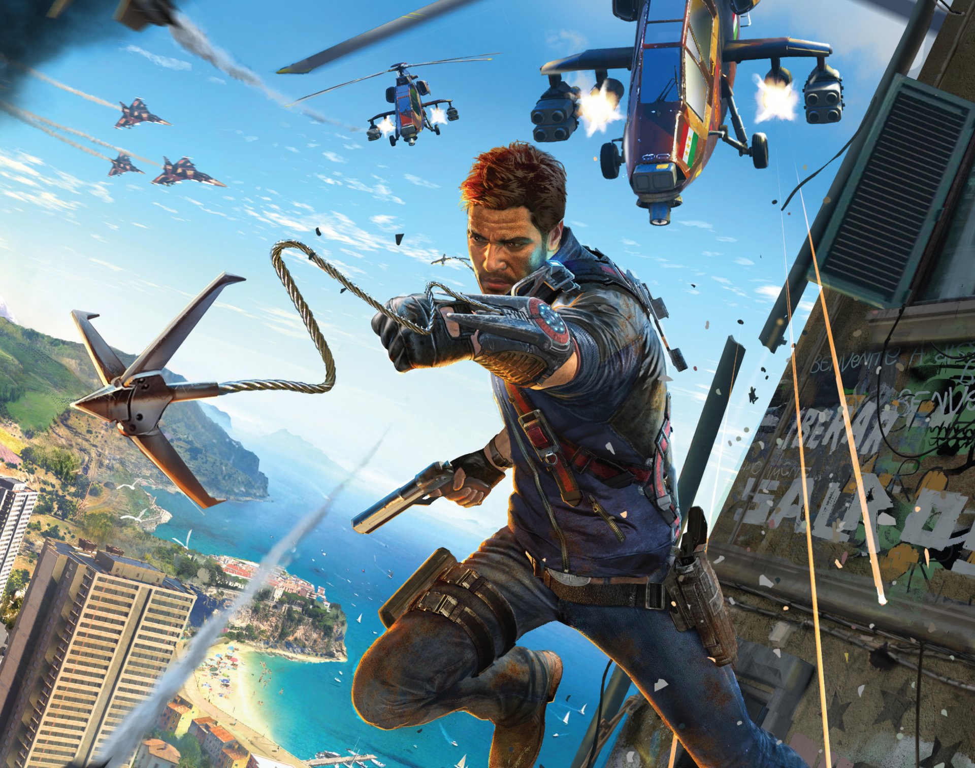 just cause 3 kampf haken waffe insel wasser rakete himmel flugzeug häuser avalanche studios square enix