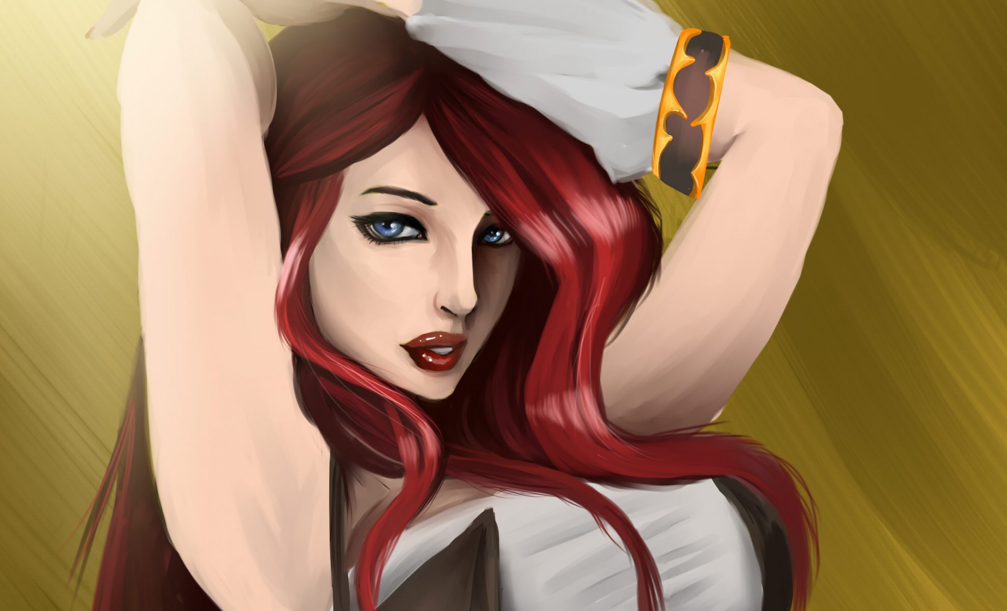 league of legends miss fortune lol arte ragazza capelli occhi rossi blu mani sguardo