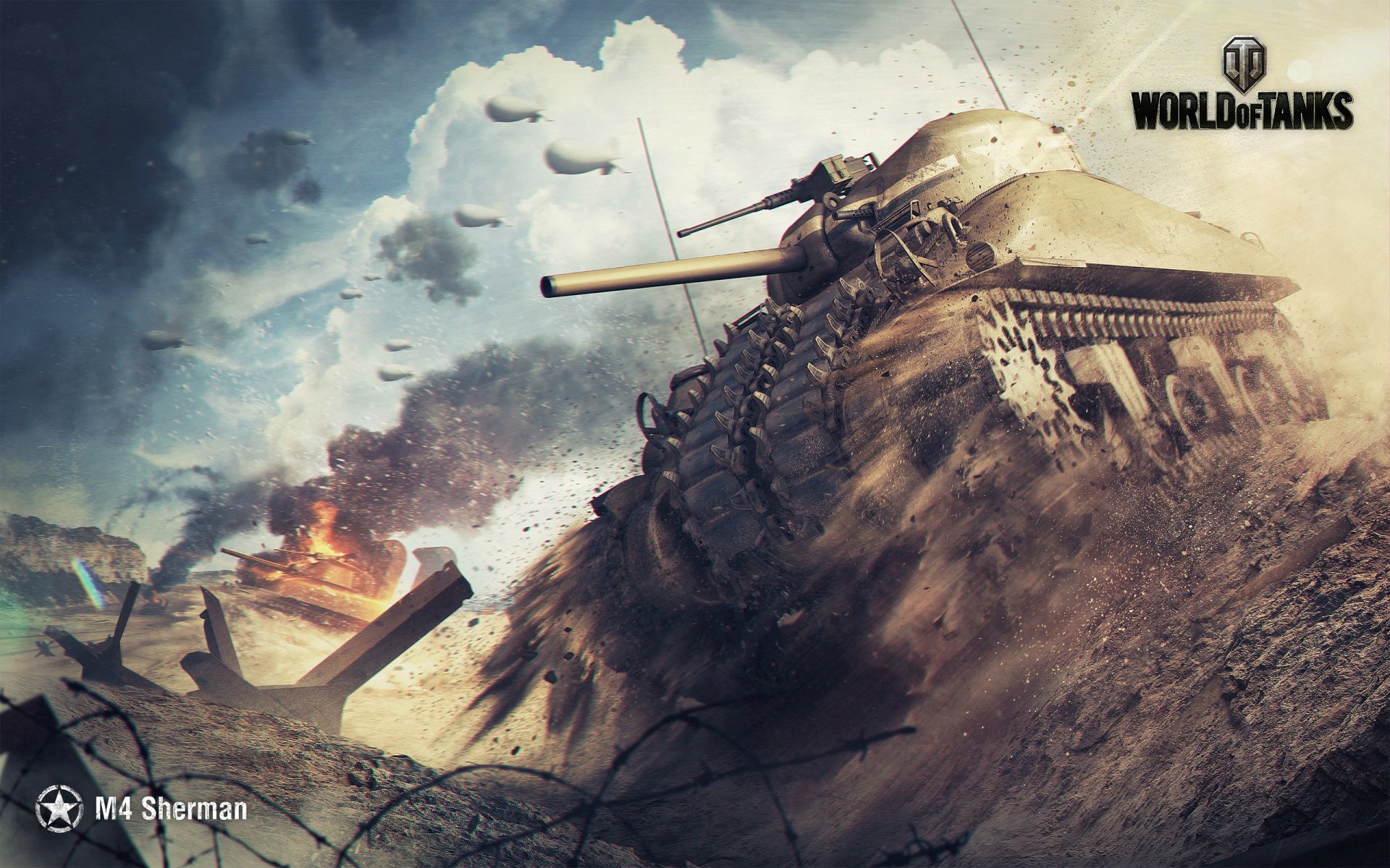 world of tanks wargaming net wot wg m4 sherman dust flame fire clouds smoke sky iron trunk dirt barbed wire mountain