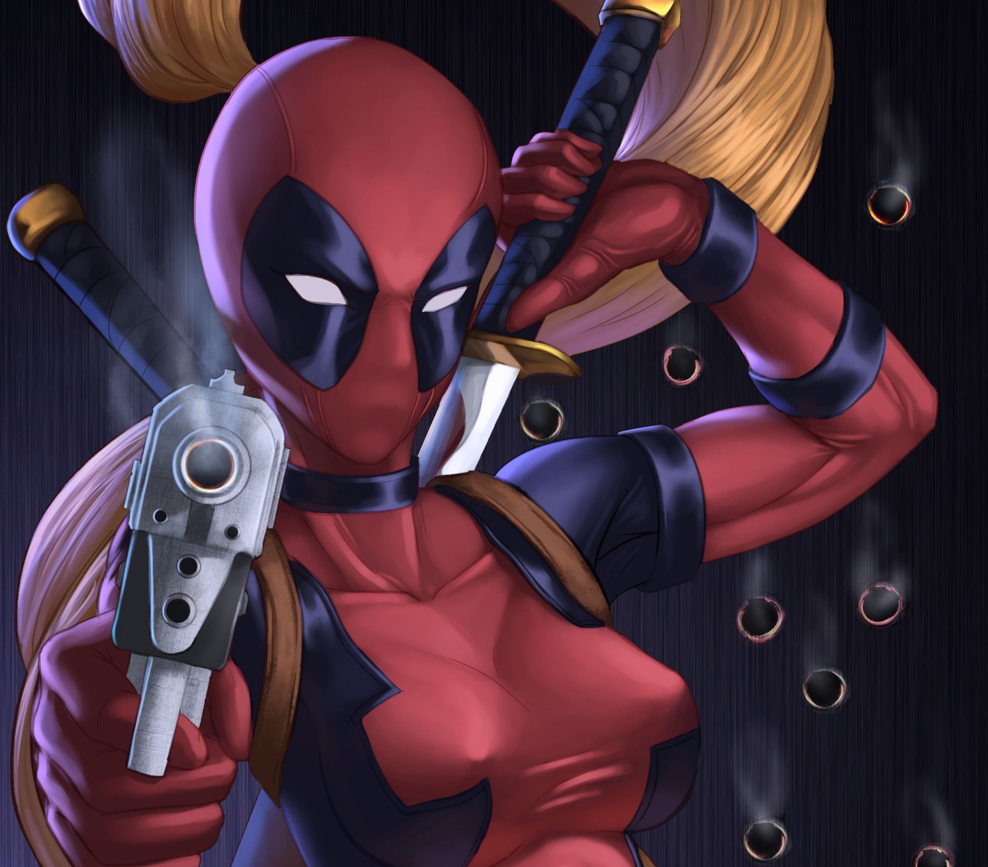 arte zamberz chica mirada ira pechos armas deadpool