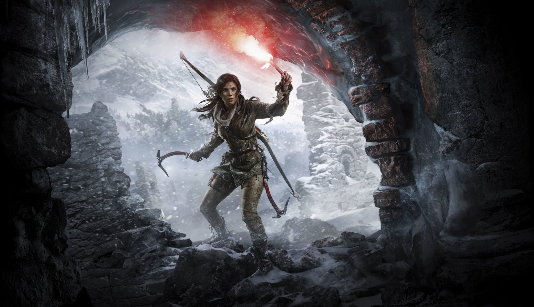 elewacja: tomb raider lara croft art góry śnieg czekan łuk dziewczyna pochodnia pechera