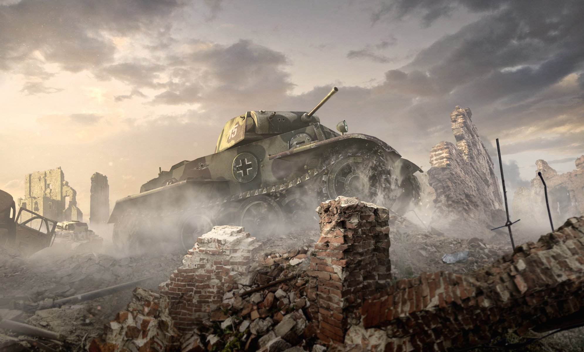 world of tanks: xbox 360 edition world of tanks wargaming netto wot wg pz.kpfw . ii ausf . j arte camouflage tronco ferro nuvole cielo polvere fumo rovine