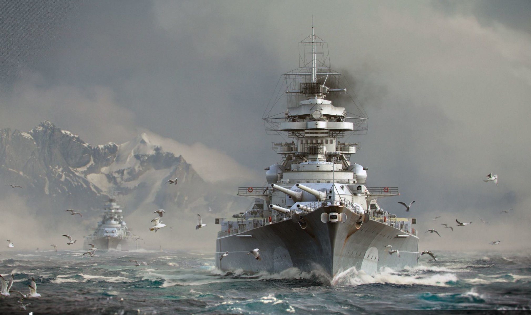 navi da guerra del mondo wargaming netto colpisce navi del mondo wg navi nave onde cielo nuvole gabbiani montagne neve fumo acqua mare corazzata bismarck