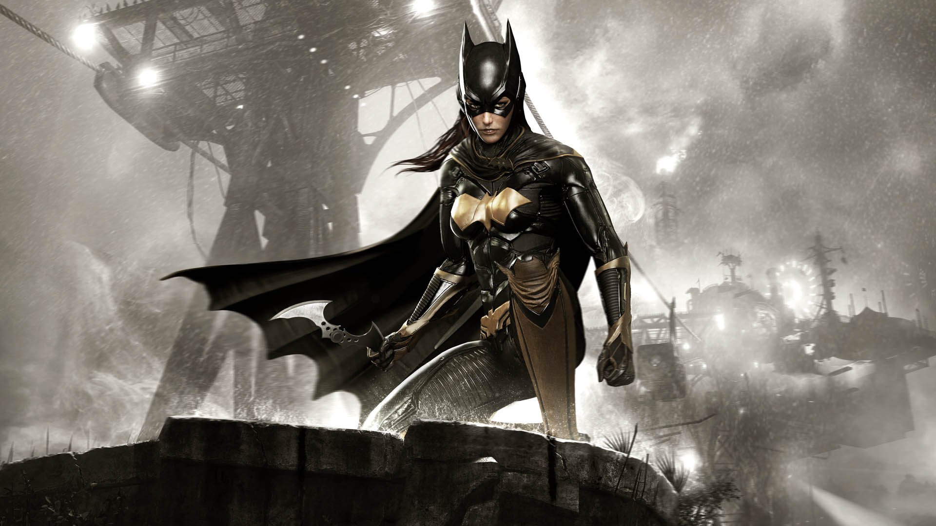 batman: arkham knight batgirl batgirl ragazza equipaggiamento armatura capelli sguardo cielo nuvole rocksteady studios warner bro