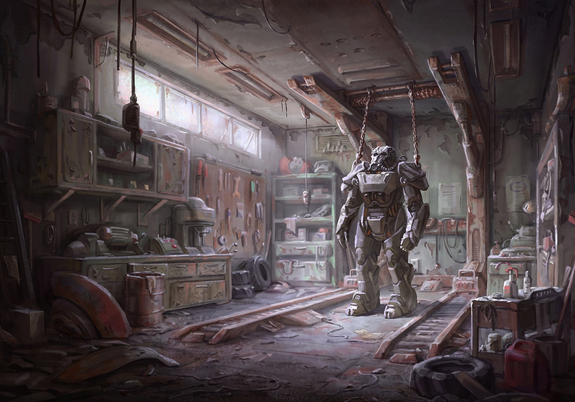 fallout 4 bethesda game studios bethesda softworks power rüstung garage werkstatt apokalypse ödland werkzeuge rüstung ausrüstung gebäude boston usa kunst bethesda