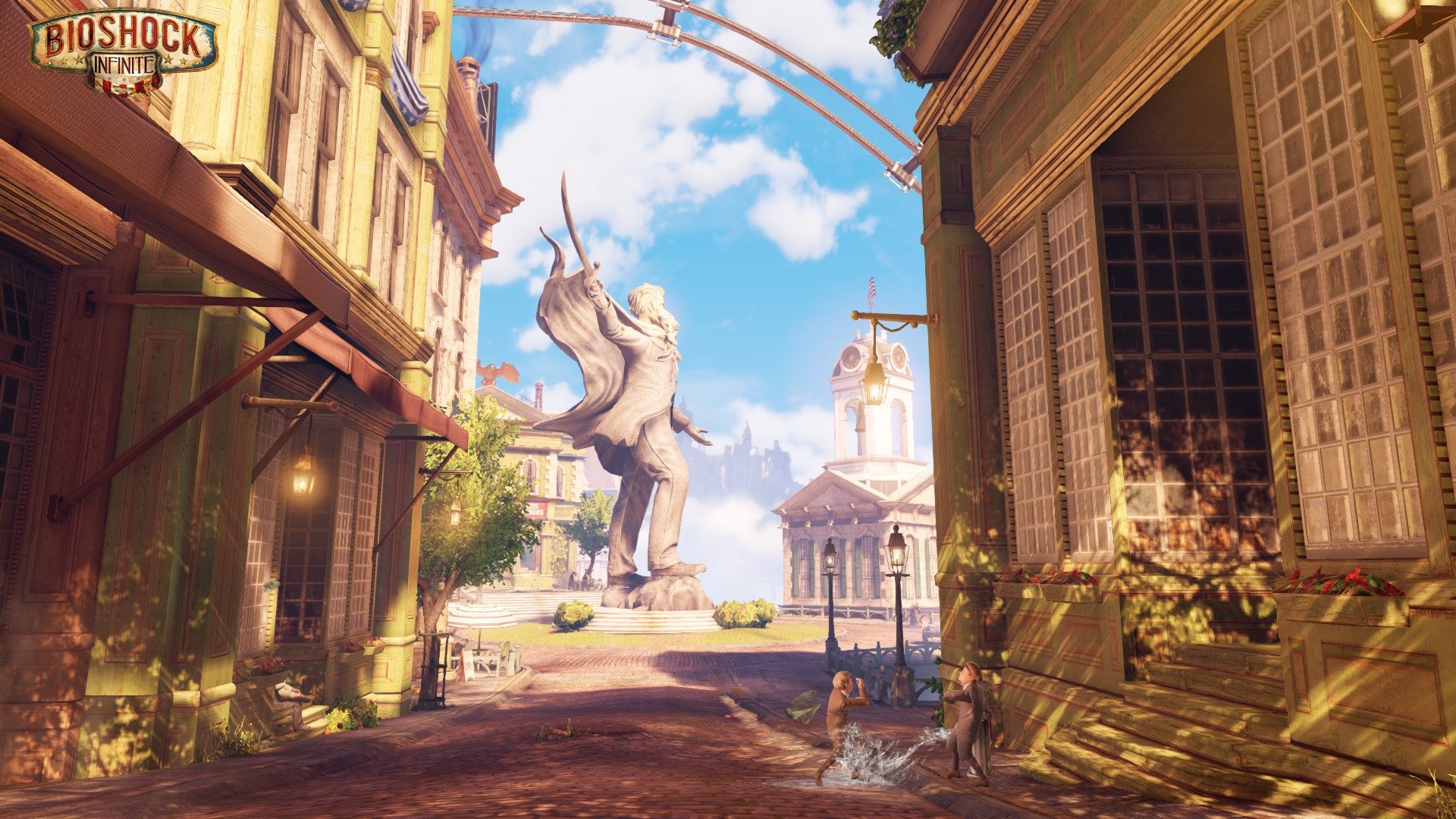 bioshock infinite gra miasto woda statua domy krzaki droga