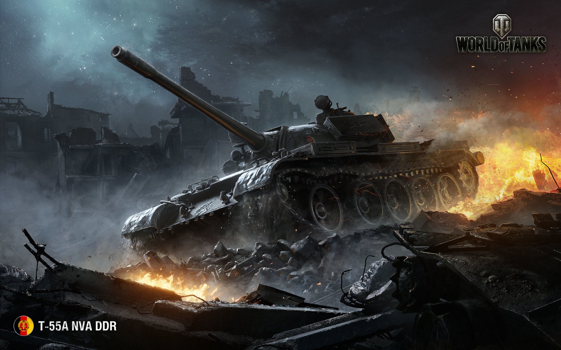 world of tanks wargaming net wot wp t-55a nva ddr réservoirs moyens flamme feu fumée ferveur canon fer étincelles bâtiment ciel nuages réservoir maisons ruines épave étoiles lbz