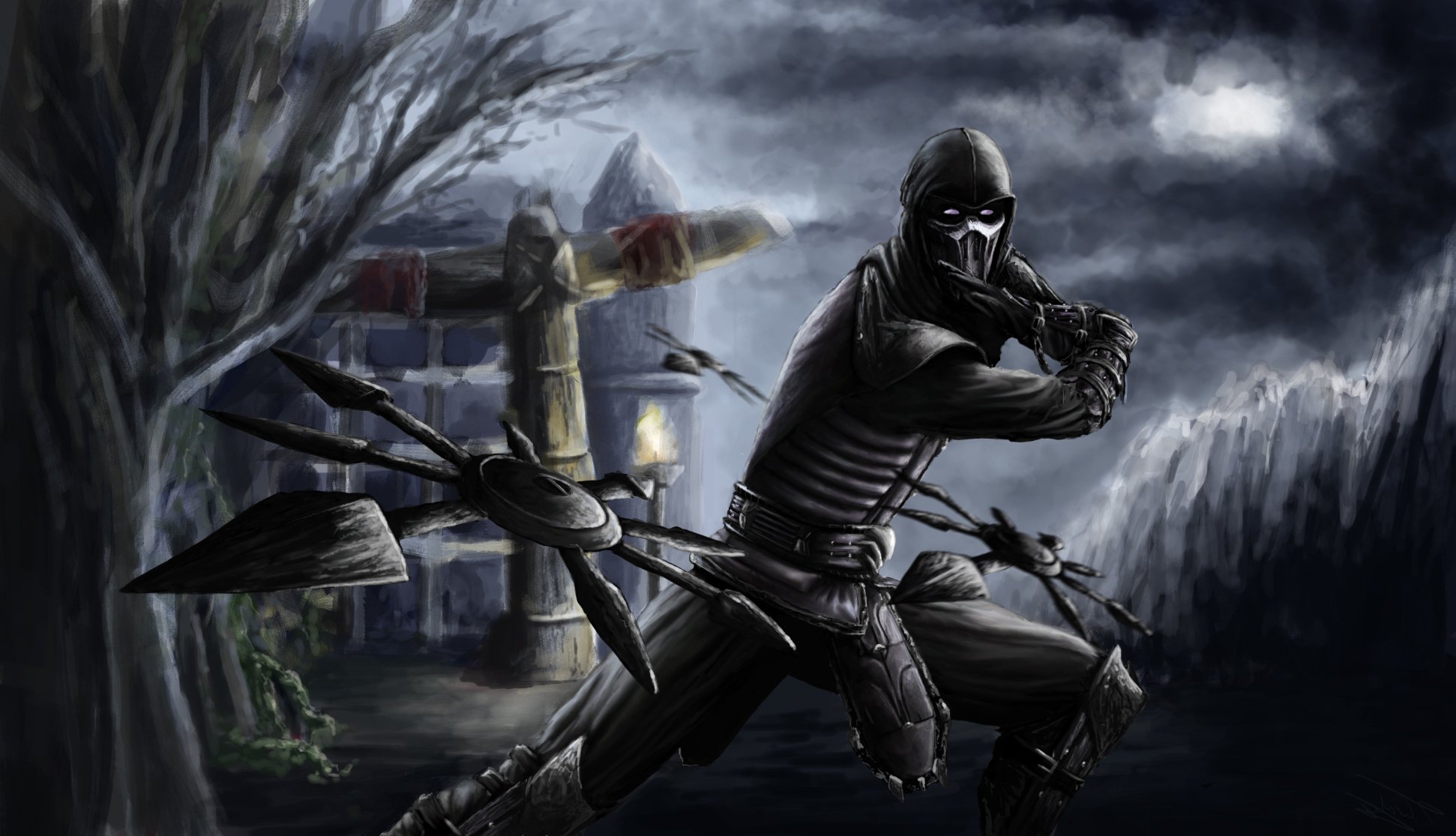 arte novizio saibot mortal kombat maschera lancio shuriken notte