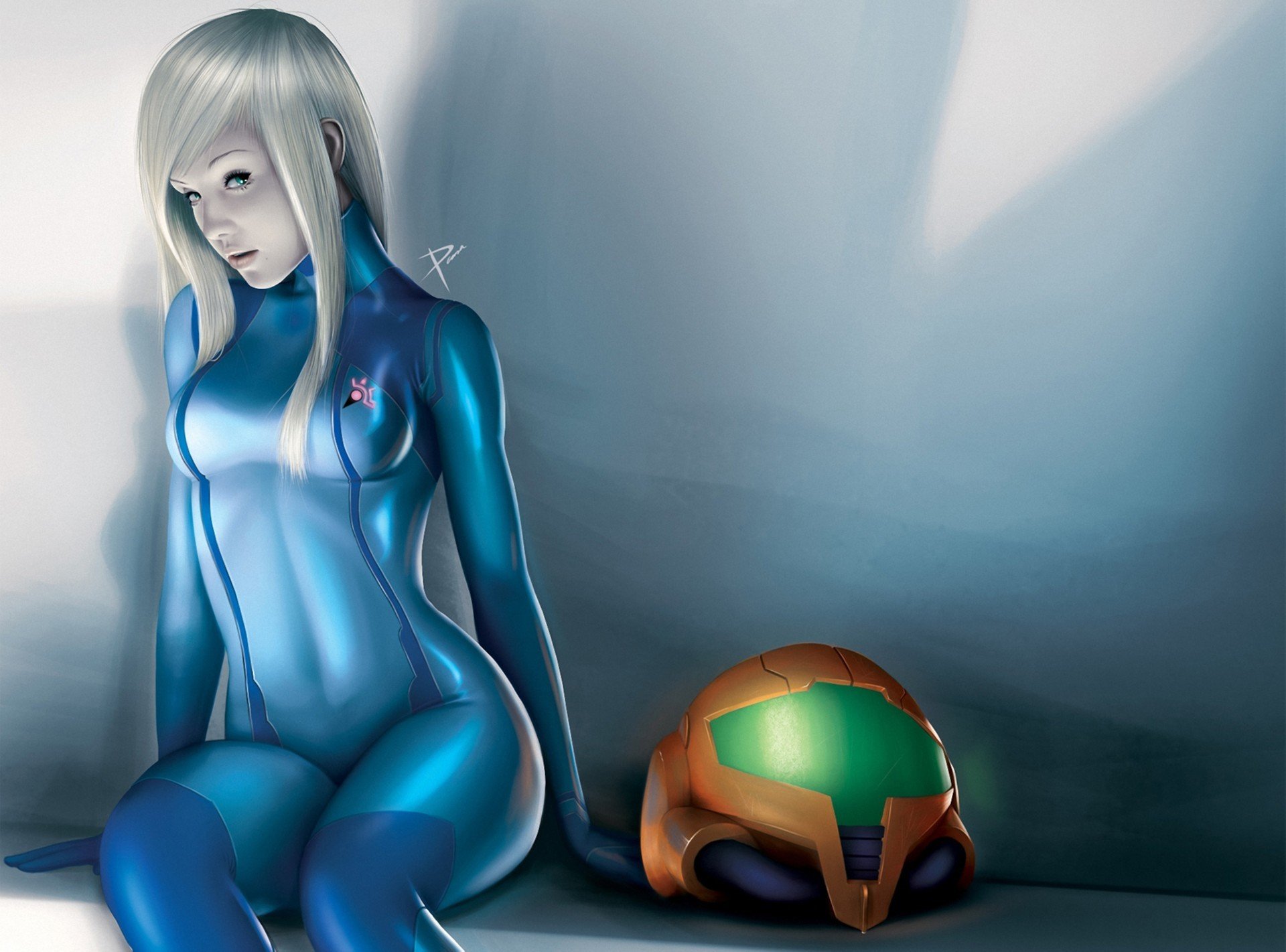 art metroid zero kostium samus dziewczyna kask garnitur siedzi