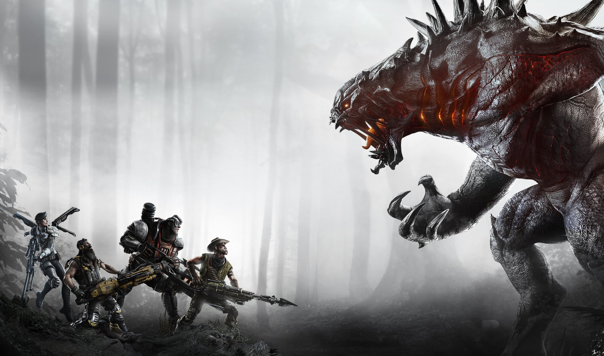 evolve monster goliath ikla team men markov griffin hank val forest tree weapon gun turtle rock studios 2k game