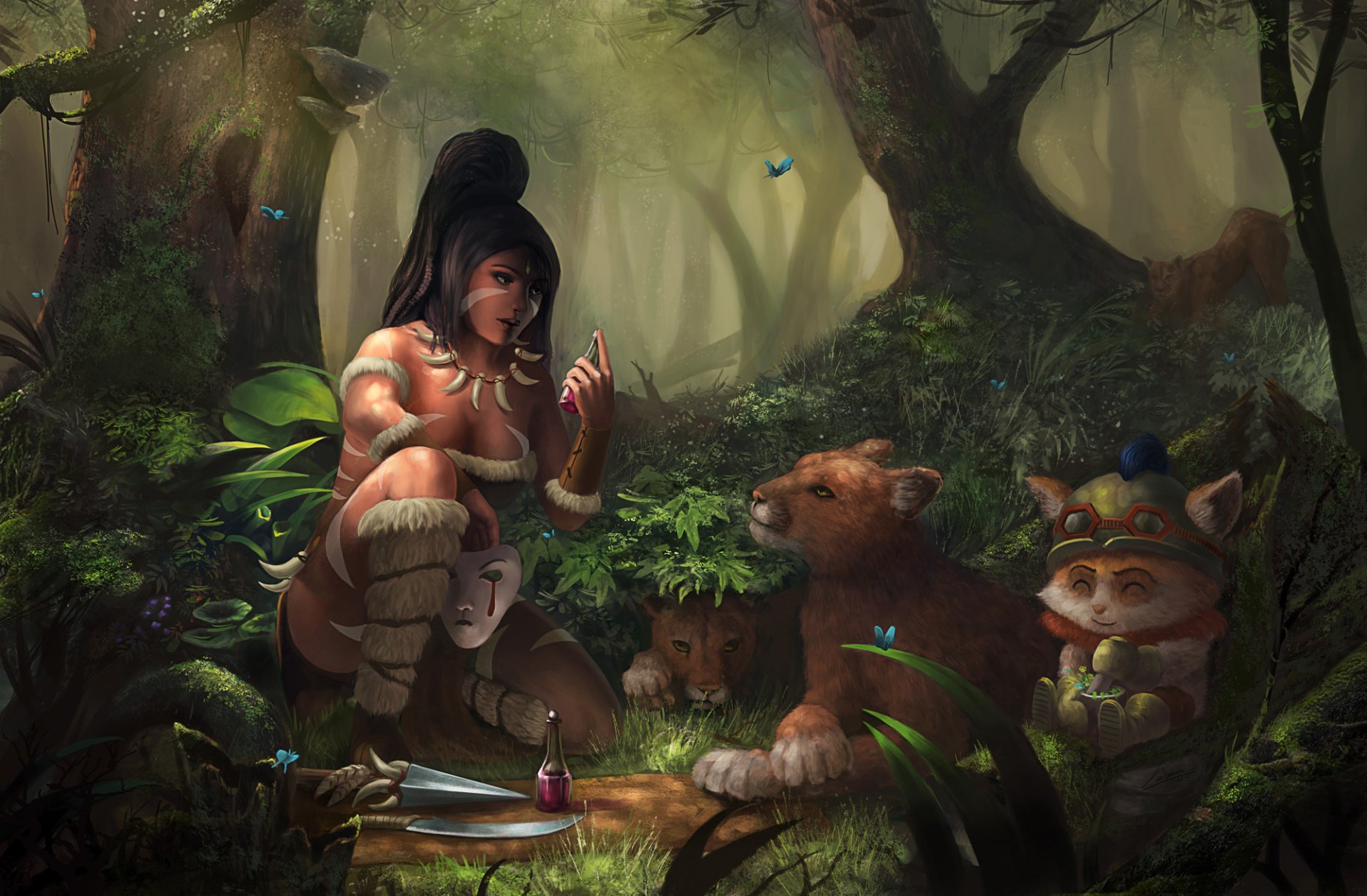 art league of legend nidalee girl forest animals bubble potion cats blade mask butterfly bush