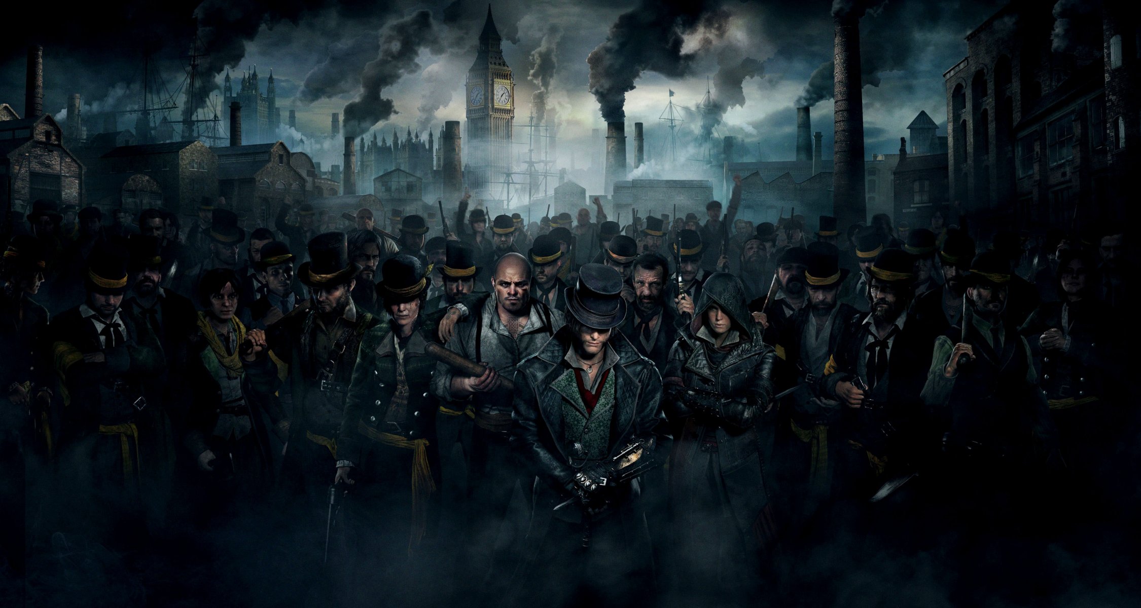 assassin creed: syndicate zabójcy zabójcy kapelusze ludzie gang dym domy tłum big ben rury port broń laska uśmiech broda ubisoft quebec