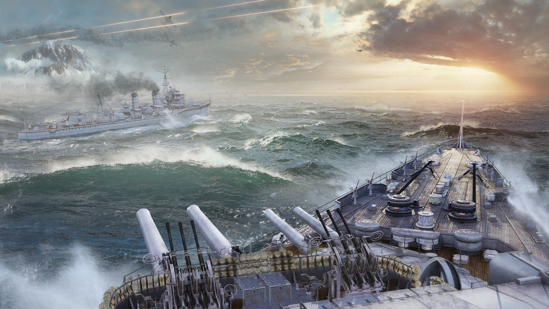 navires de guerre du monde wargaming net frappe navires du monde wp coucher de soleil tempête montagnes fumée mer eau navires navire vagues ciel nuages avions tir